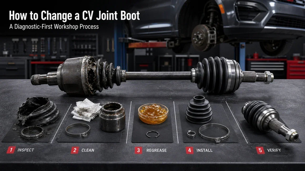 CV joint boot replacement workshop showing a removed axle, torn boot, new boot, clamps, CV grease, circlip, inner and outer joints, and pre-repair joint inspection.