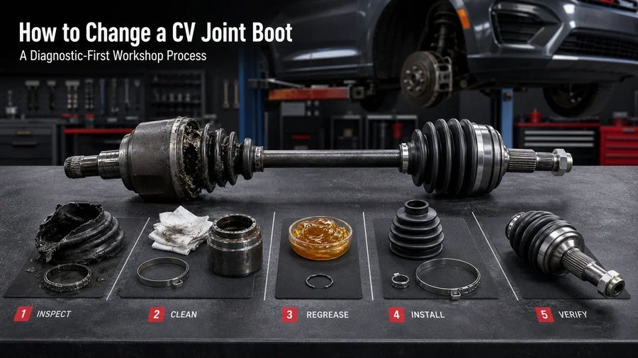CV joint boot replacement workshop showing a removed axle, torn boot, new boot, clamps, CV grease, circlip, inner and outer joints, and pre-repair joint inspection.