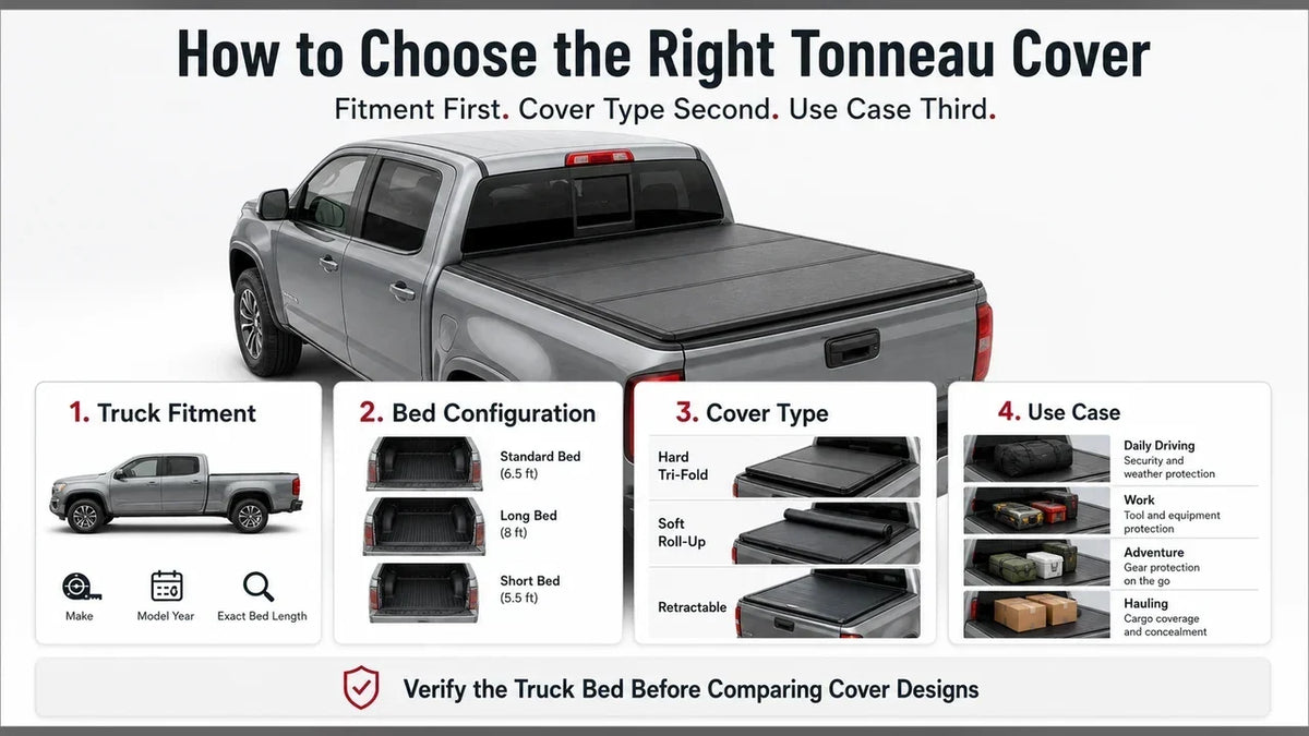 Pickup truck tonneau cover buying guide showing truck fitment, bed configuration, cover type, and use-case selection.