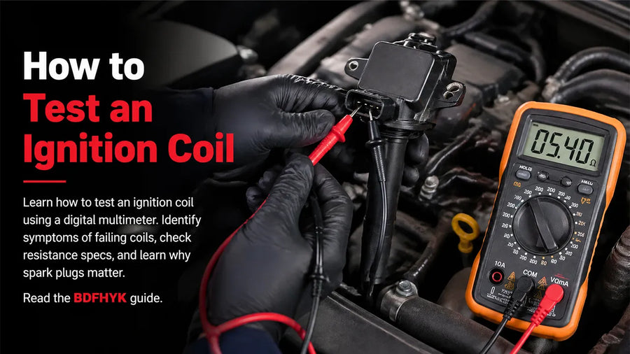 A mechanic using a digital multimeter to measure the resistance of an ignition coil connector to diagnose potential engine misfires, featuring BDFHYK guide branding.