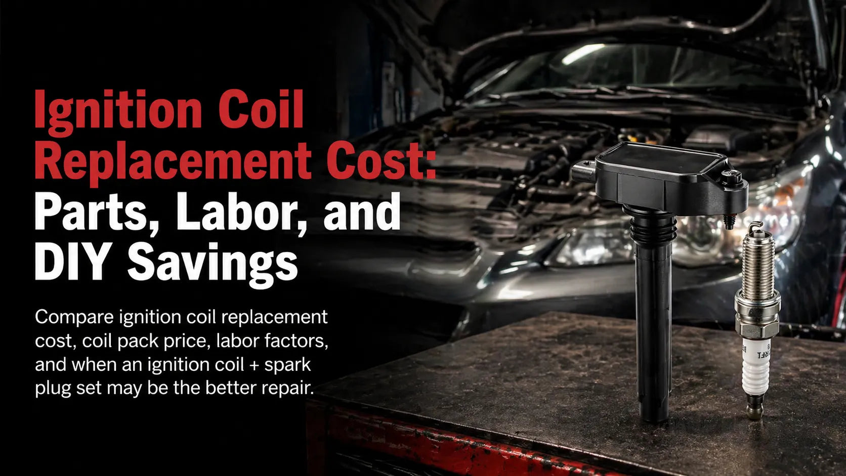 Educational graphic titled "Ignition Coil Replacement Cost: Parts, Labor, and DIY Savings" featuring an ignition coil and a spark plug on a workbench with a car engine in the background.