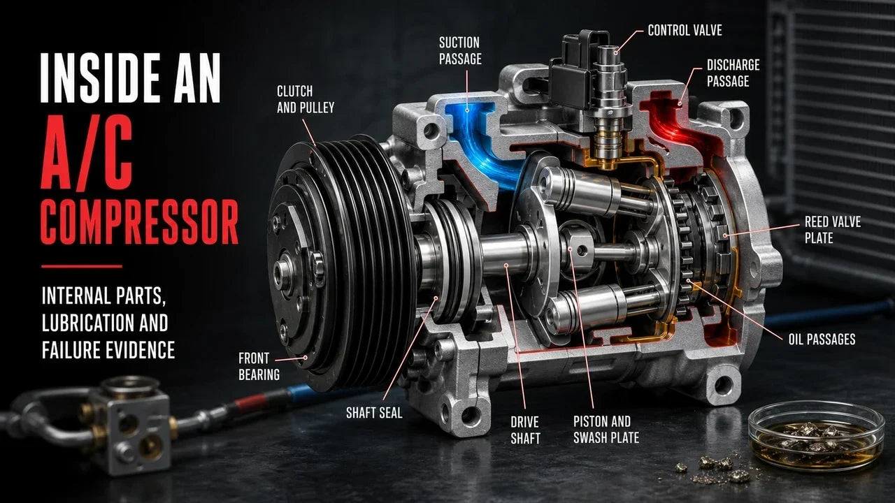 Cutaway view of an automotive A/C compressor showing the housing, shaft, bearings, pistons, swash plate, valves, seals, oil passages, clutch, and pulley.