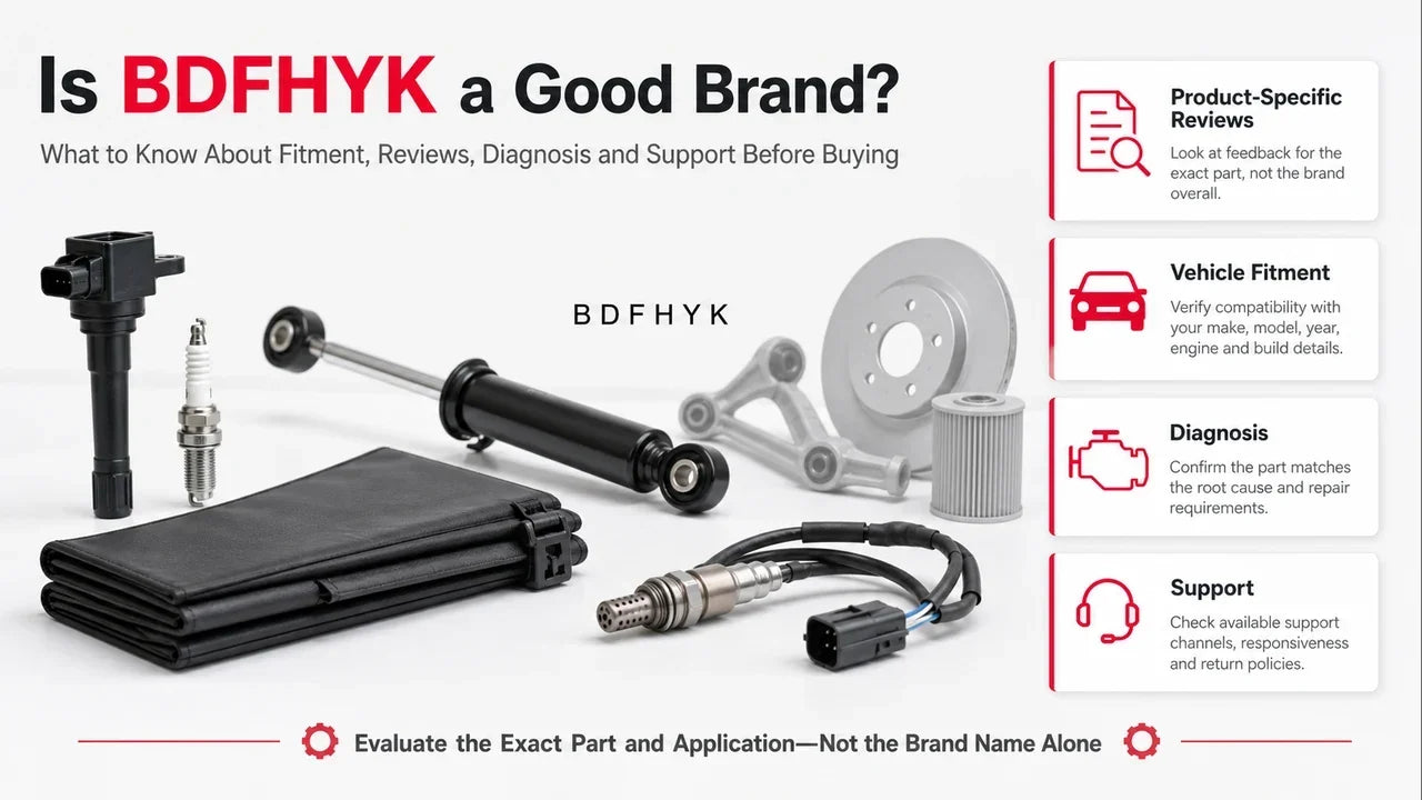 BDFHYK aftermarket auto parts brand evaluation showing ignition, suspension, tonneau cover, vehicle fitment, reviews, diagnosis, and support considerations.