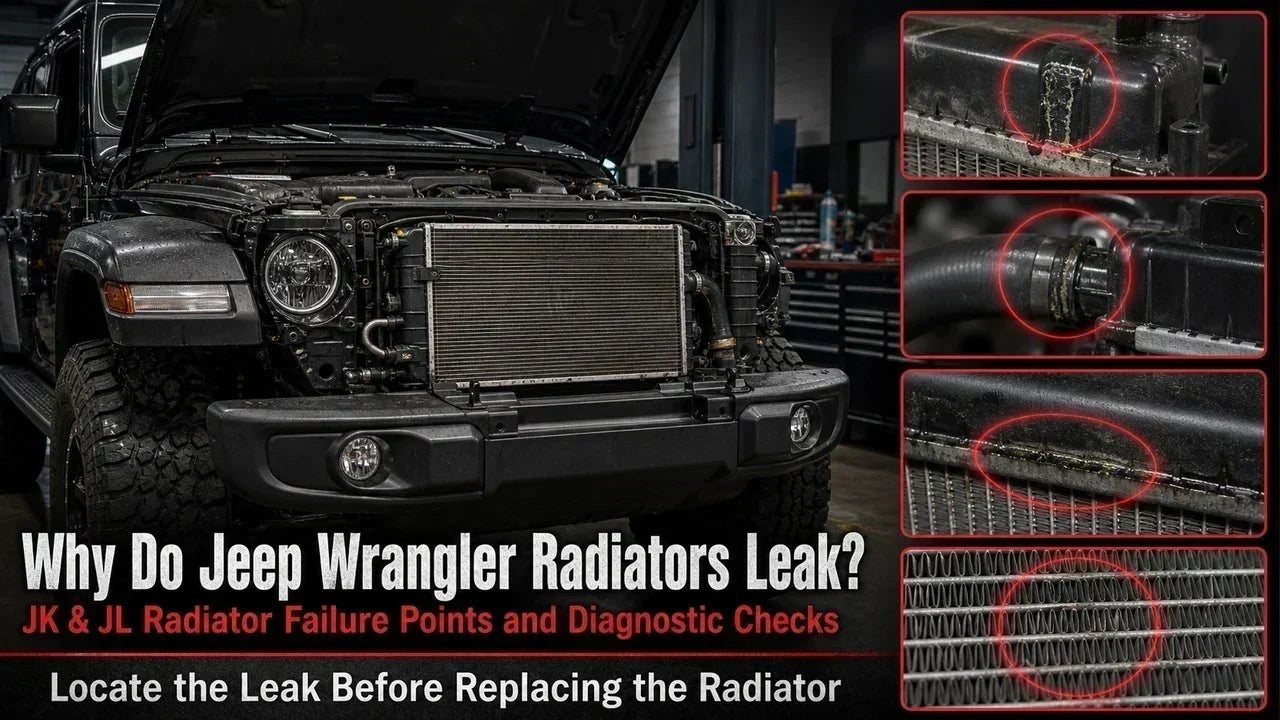 Jeep Wrangler radiator leak diagnosis showing plastic end tank, hose neck, tank-to-core seam, and aluminum radiator core inspection areas.
