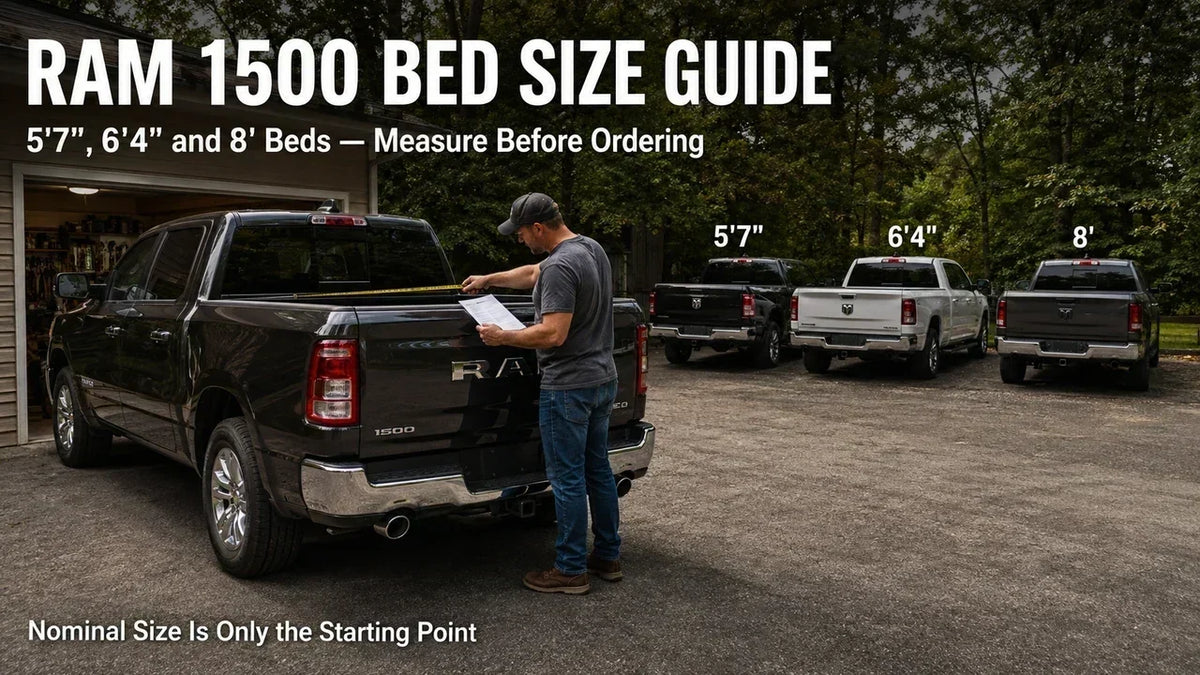 RAM 1500 truck bed size guide showing a real truck being measured for 5'7", 6'4", or 8' bed fitment before ordering accessories.