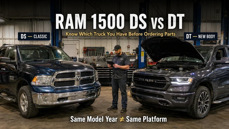 RAM 1500 DS Classic and DT newer-body trucks compared in a real workshop to show platform differences before replacement-part selection.