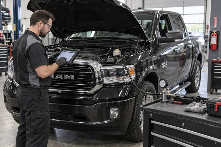 Technician diagnosing a RAM 1500 fuel delivery problem with a scan tool and fuel-system test equipment before replacing the fuel pump.