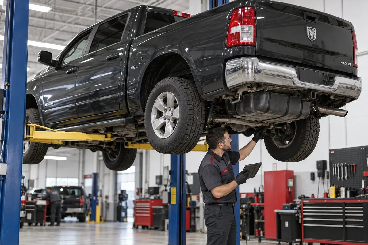 Technician inspecting the fuel tank beneath a RAM 1500 while reviewing vehicle configuration information to confirm the installed tank size.