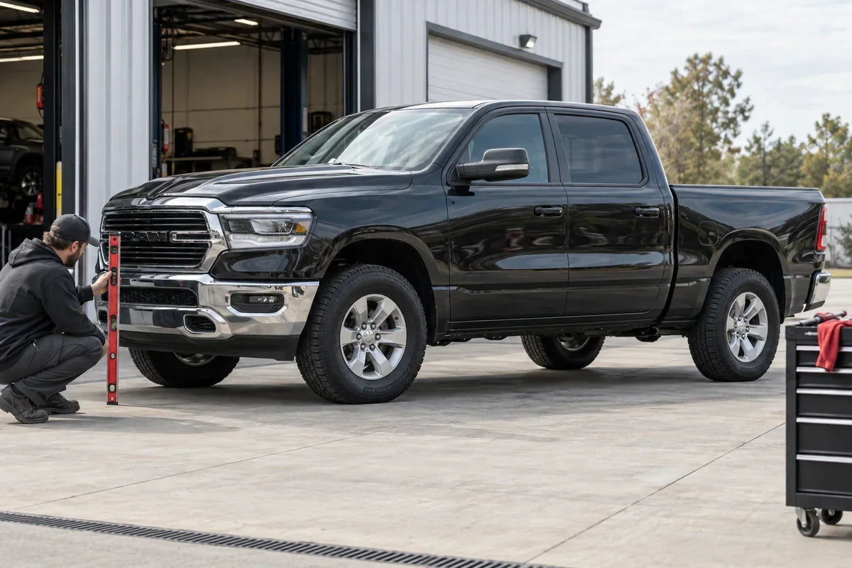 RAM 1500 parked on level pavement while a technician evaluates the front-to-rear stance after a mild leveling kit installation.