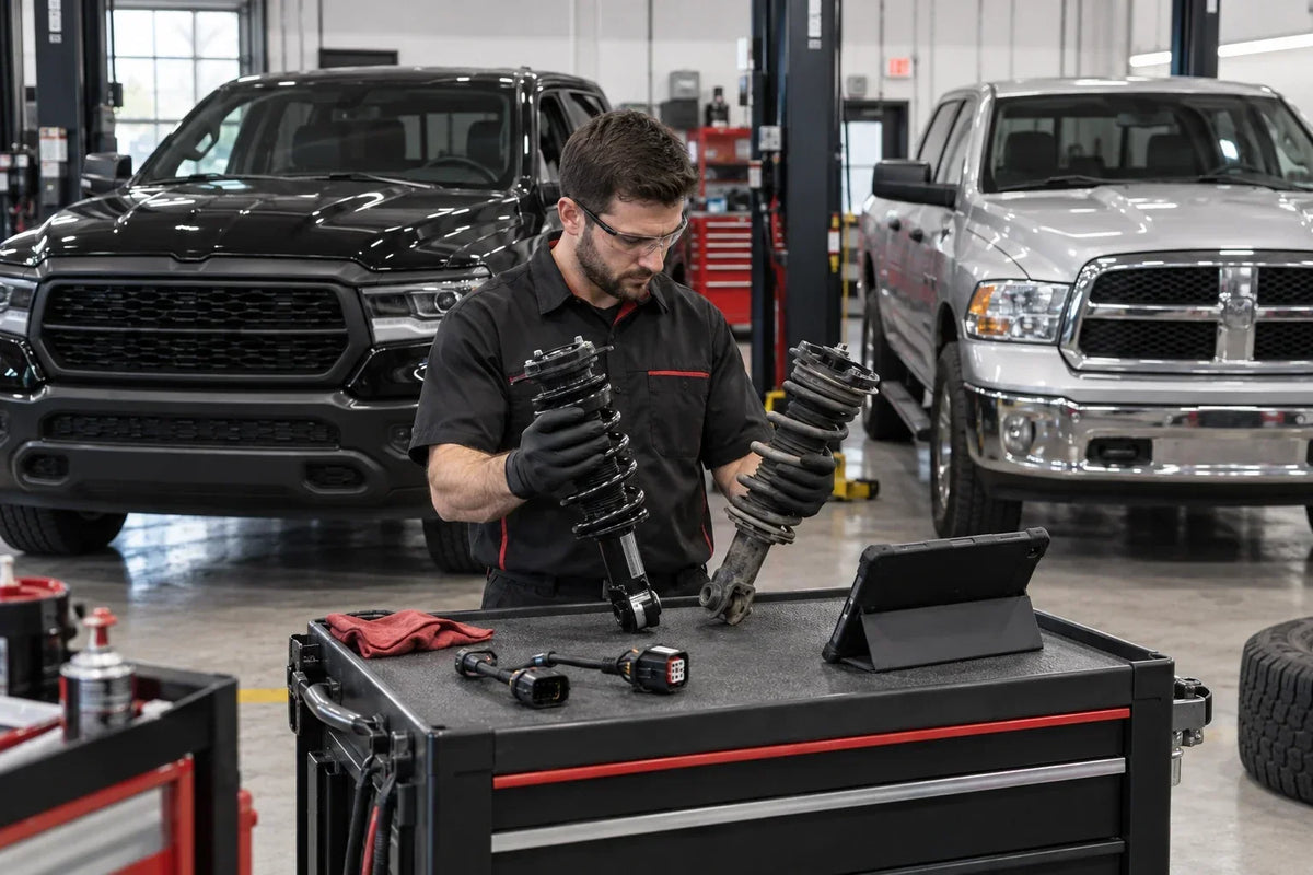 Technician comparing RAM 1500 suspension parts and electrical connectors between trucks from different body generations before installation.