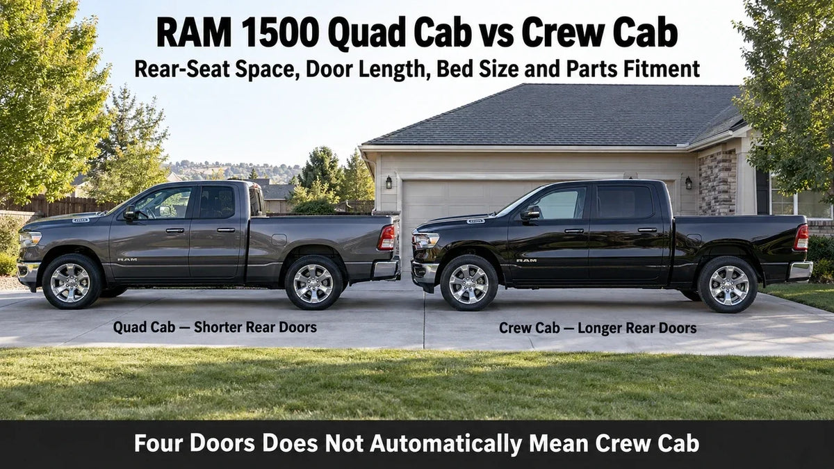Real RAM 1500 Quad Cab and Crew Cab trucks compared side by side, showing differences in rear-door length, rear-cabin size, and body configuration.