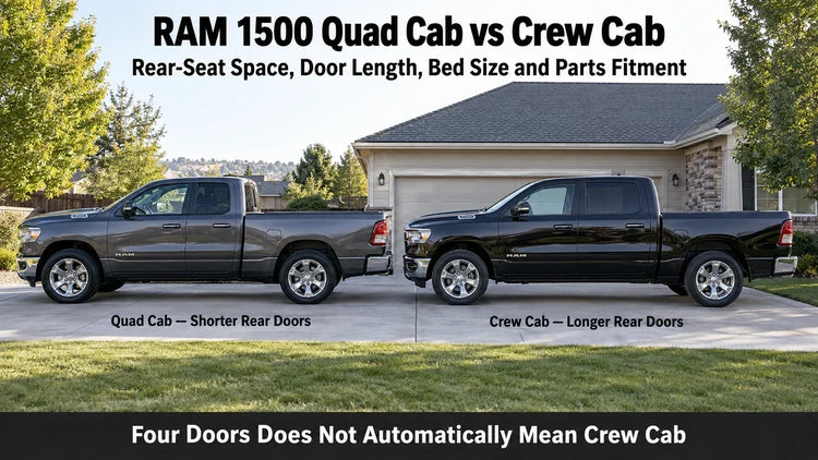 Real RAM 1500 Quad Cab and Crew Cab trucks compared side by side, showing differences in rear-door length, rear-cabin size, and body configuration.