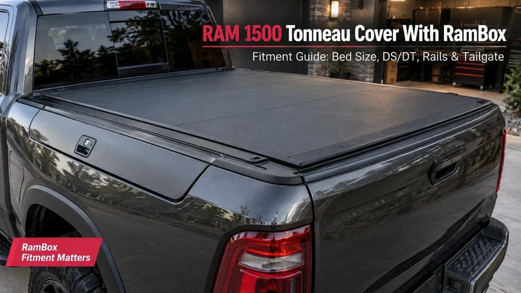 RAM 1500 tonneau cover with RamBox fitment guide showing truck bed and RamBox side storage