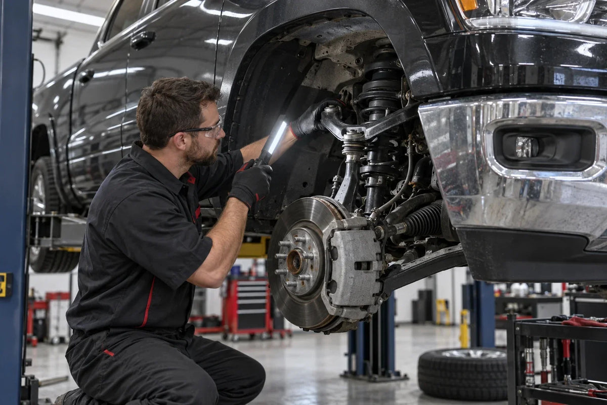 Technician inspecting the RAM 1500 upper control arm, inner bushings, upper ball joint and steering knuckle with the front wheel removed.