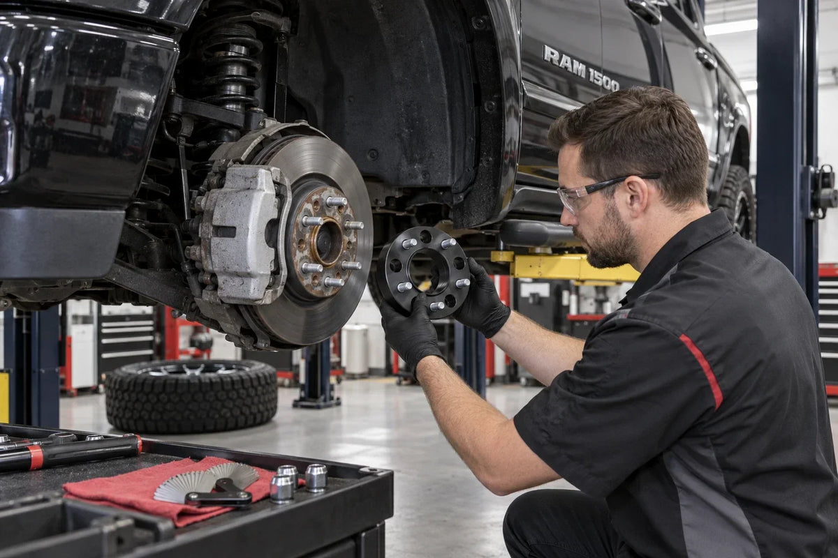 Technician comparing a hub-centric wheel spacer with the exposed RAM 1500 hub while checking lug count, bolt pattern, hub pilot and stud threads.
