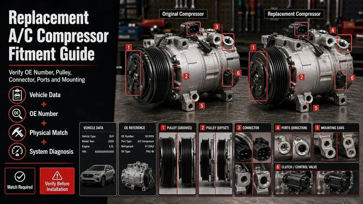Original and replacement A/C compressors compared for OE identification, pulley grooves, connector shape, refrigerant ports, mounting ears, and physical fitment.