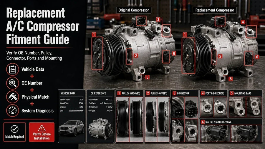 Original and replacement A/C compressors compared for OE identification, pulley grooves, connector shape, refrigerant ports, mounting ears, and physical fitment.