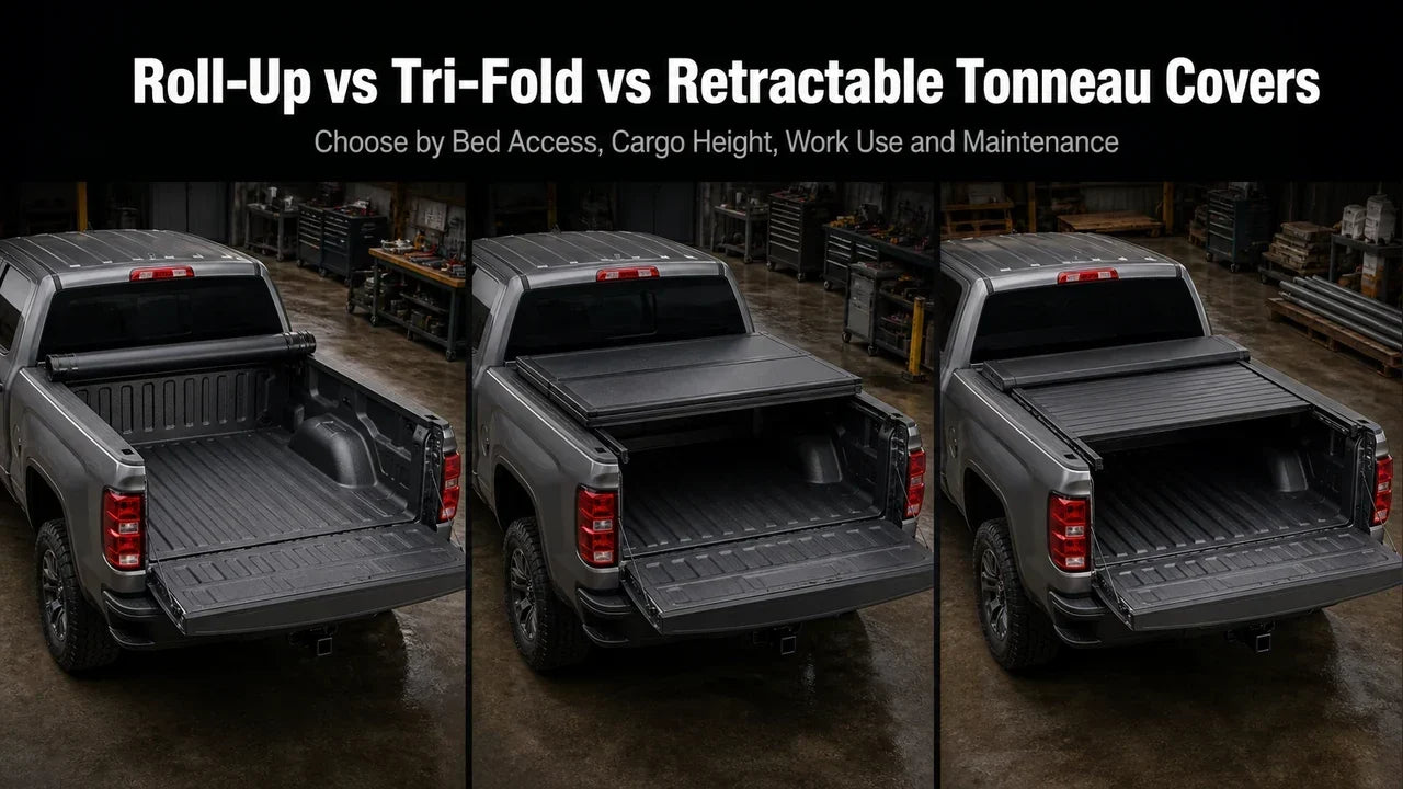 Roll-up vs tri-fold vs retractable tonneau covers comparison for pickup truck bed access and work use