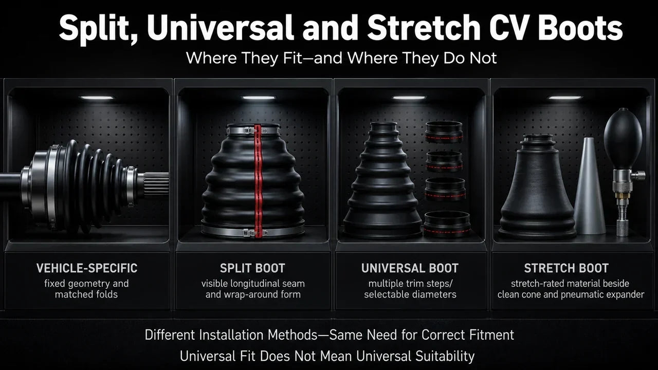 Comparison of vehicle-specific, split, universal, and stretch CV boots showing different installation methods, seam design, trim points, joint fitment, and stretch installation.