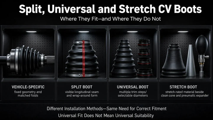 Comparison of vehicle-specific, split, universal, and stretch CV boots showing different installation methods, seam design, trim points, joint fitment, and stretch installation.