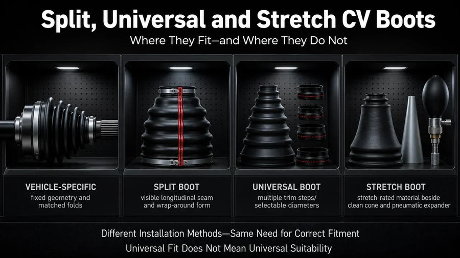 Comparison of vehicle-specific, split, universal, and stretch CV boots showing different installation methods, seam design, trim points, joint fitment, and stretch installation.