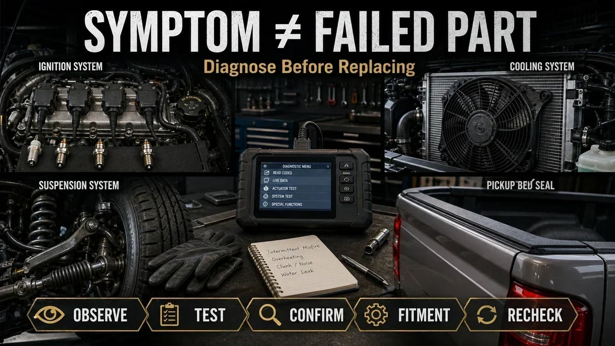 Automotive symptom versus failed part diagnosis guide showing misfire, overheating, tire cupping, and tonneau cover water entry as symptoms with multiple possible causes