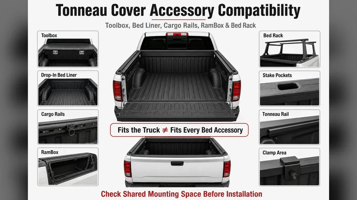 Tonneau cover compatibility guide showing toolbox, bed liner, cargo rails, RamBox, bed rack, clamp clearance, and shared mounting space