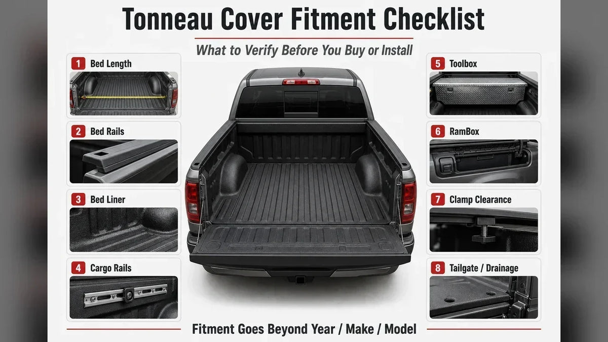 Tonneau cover fitment checklist showing truck bed length, bed rails, liner, toolbox, RamBox, clamp clearance, tailgate, and drainage checks