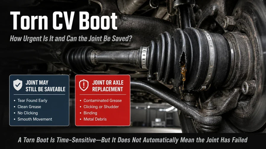 Torn CV boot inspection showing grease loss, joint contamination risk, boot clamps, outer CV joint, axle shaft, and boot repair versus axle replacement decisions.