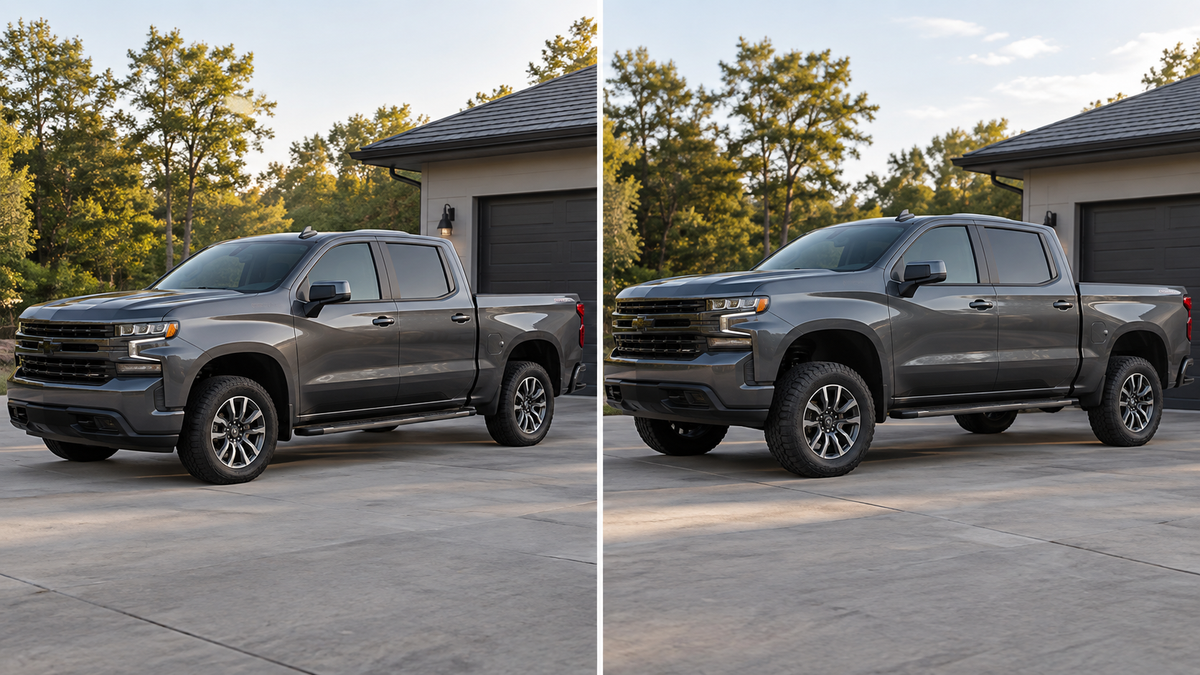 Side-by-side comparison of truck stance before and after leveling kit installation