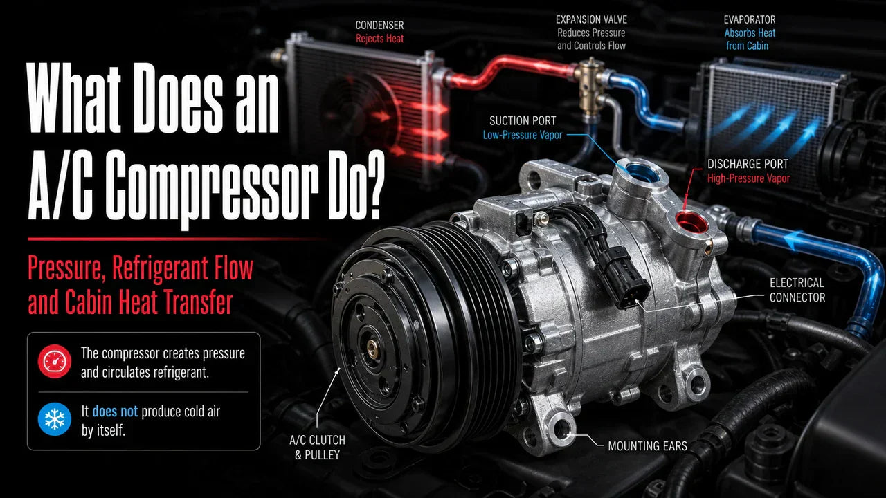 Car A/C compressor shown with pulley, clutch, refrigerant ports, and cooling-system flow to explain how it pressurizes and circulates refrigerant.