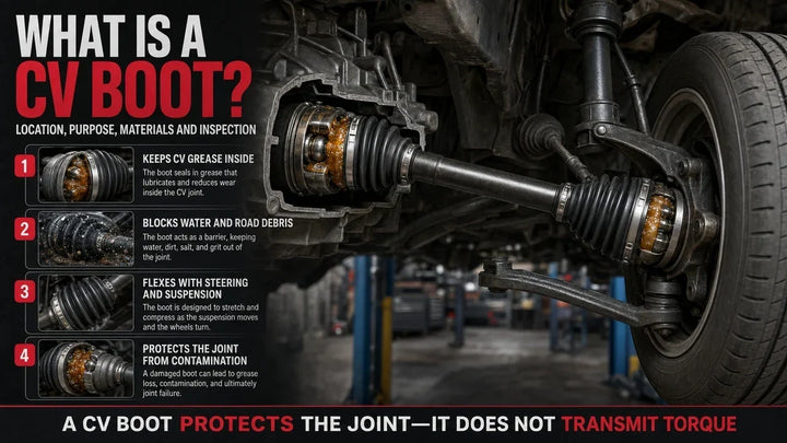 CV boot diagram showing the inner and outer boots, CV joints, axle shaft, wheel hub, transmission connection, grease retention, and protection from water and road debris.