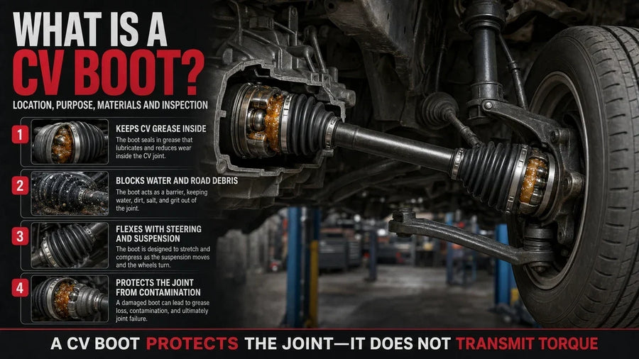 CV boot diagram showing the inner and outer boots, CV joints, axle shaft, wheel hub, transmission connection, grease retention, and protection from water and road debris.