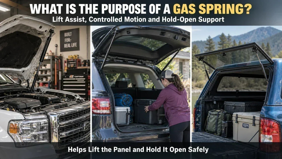 Gas springs supporting a truck hood, SUV liftgate, and camper shell rear glass in real automotive use scenarios.