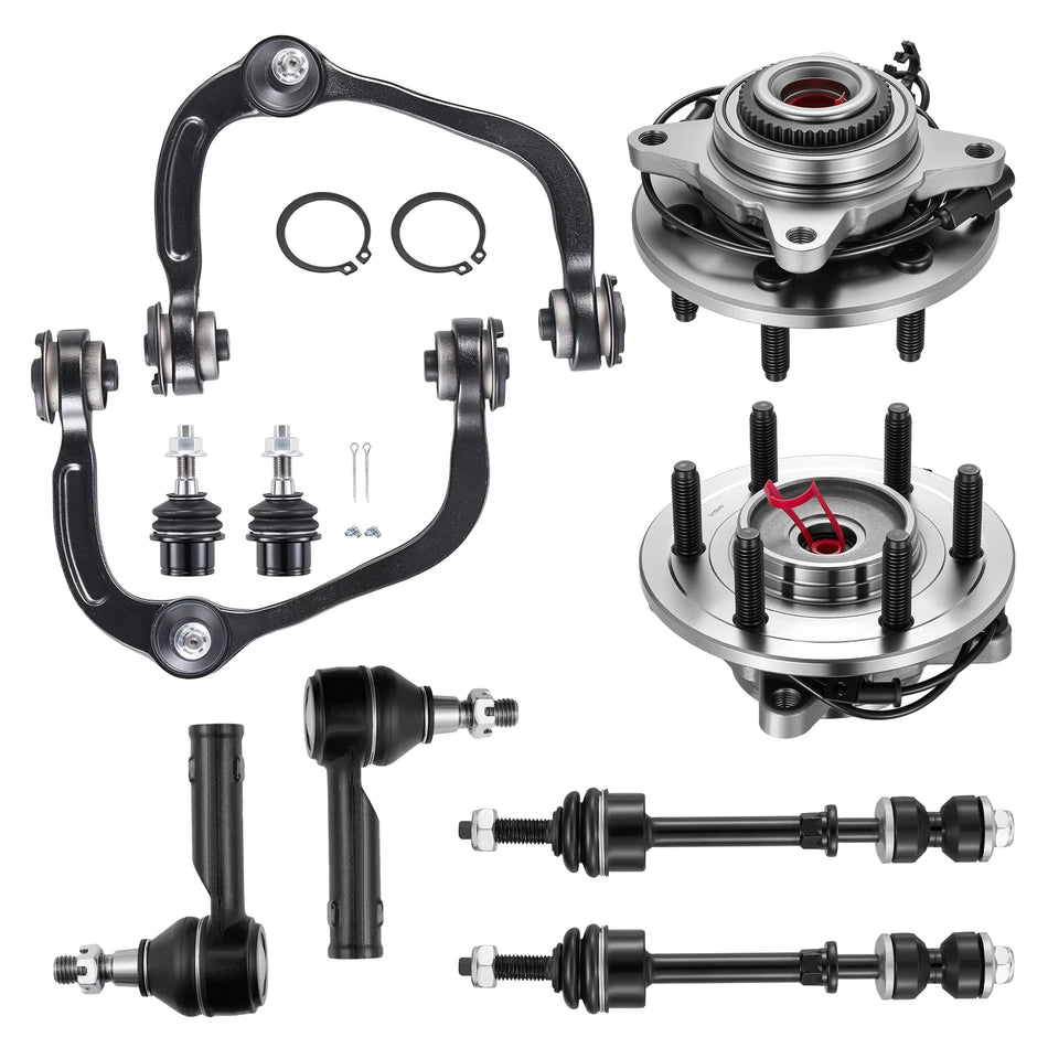 10pc Front Wheel Hub Upper Control Arms Tie Rods Ball Joints for Ford F-150 Mark LT 4WD