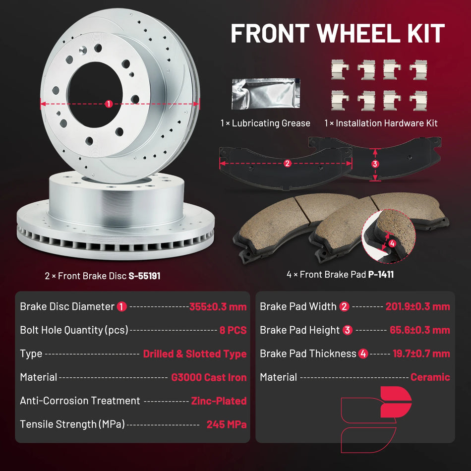 4WD Front Brake Rotors Pads & Wheel Hub Kit for 2011-2019 Chevy Silverado GMC Sierra HD 13.98" | BDFHYK