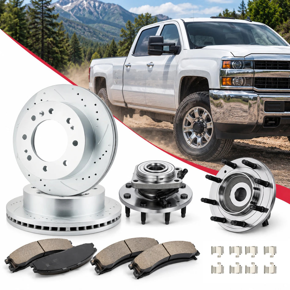 4WD Front Brake Rotors Pads & Wheel Hub Kit for 2011-2019 Chevy Silverado GMC Sierra HD 13.98" | BDFHYK