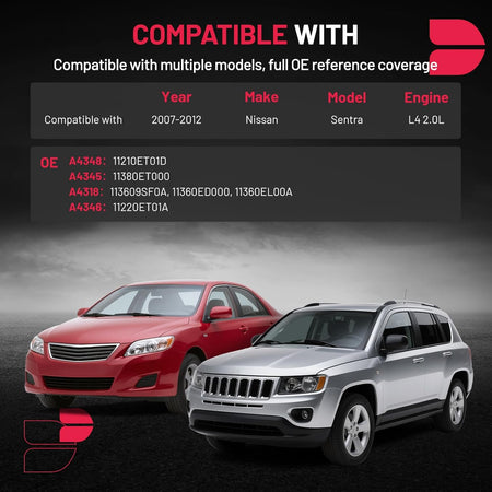Compatibility chart for 2007 Nissan Sentra motor mounts through 2012 Nissan Sentra motor mounts for 2.0L L4 engine models.