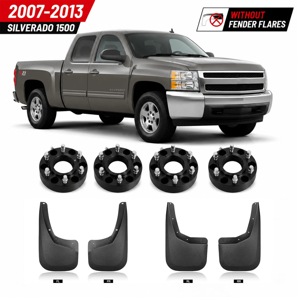 2007-2013 Chevy Silverado 1500 Wheel Spacer & Mud Flap Kit, 6x5.5, 1.5 Inch, M14x1.5, Front & Rear 4PCS