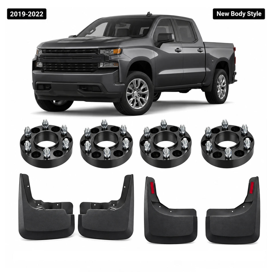 2019-2022 Chevy Silverado 1500 Wheel Spacer & Mud Flap Kit, 6x5.5, 1.5 Inch, M14x1.5, Front & Rear 4PCS