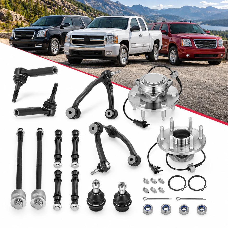 12pc Front Wheel Hub Upper Control Arms Tie Rods Ball Joints Kit for Silverado Sierra 1500 2WD