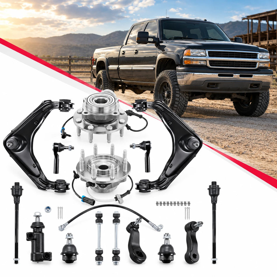 15pc Front Control Arm Steering & 515058 Wheel Hub Kit for Chevy Silverado GMC Sierra 4WD