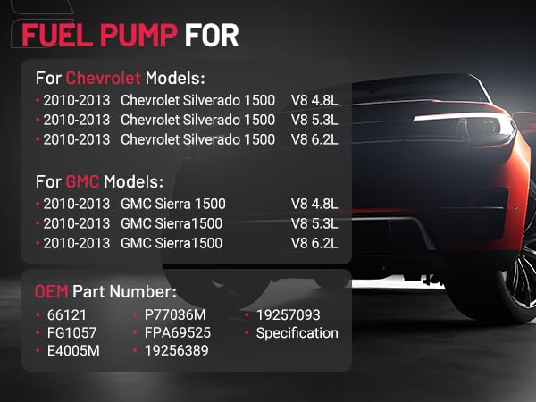 Fuel Pump Module Assembly for Select Chevrolet 2010-13 Silverado 1500; GMC 2010-13 Sierra 1500 Replace# FG1057 FPA69525 P77036M 66121 E4005M