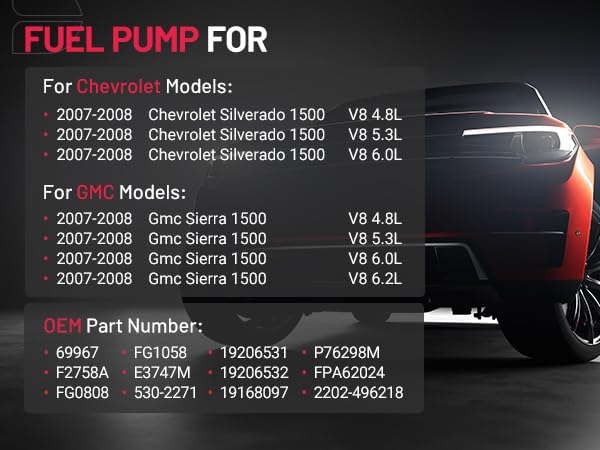 Electric Fuel Pump Module Assembly with Pressure Sensor E3747M Compatible with 2007-2008 Chevrolet Silverado 1500 GMC Sierra 1500 V8 4.8L 5.3L 6.0L