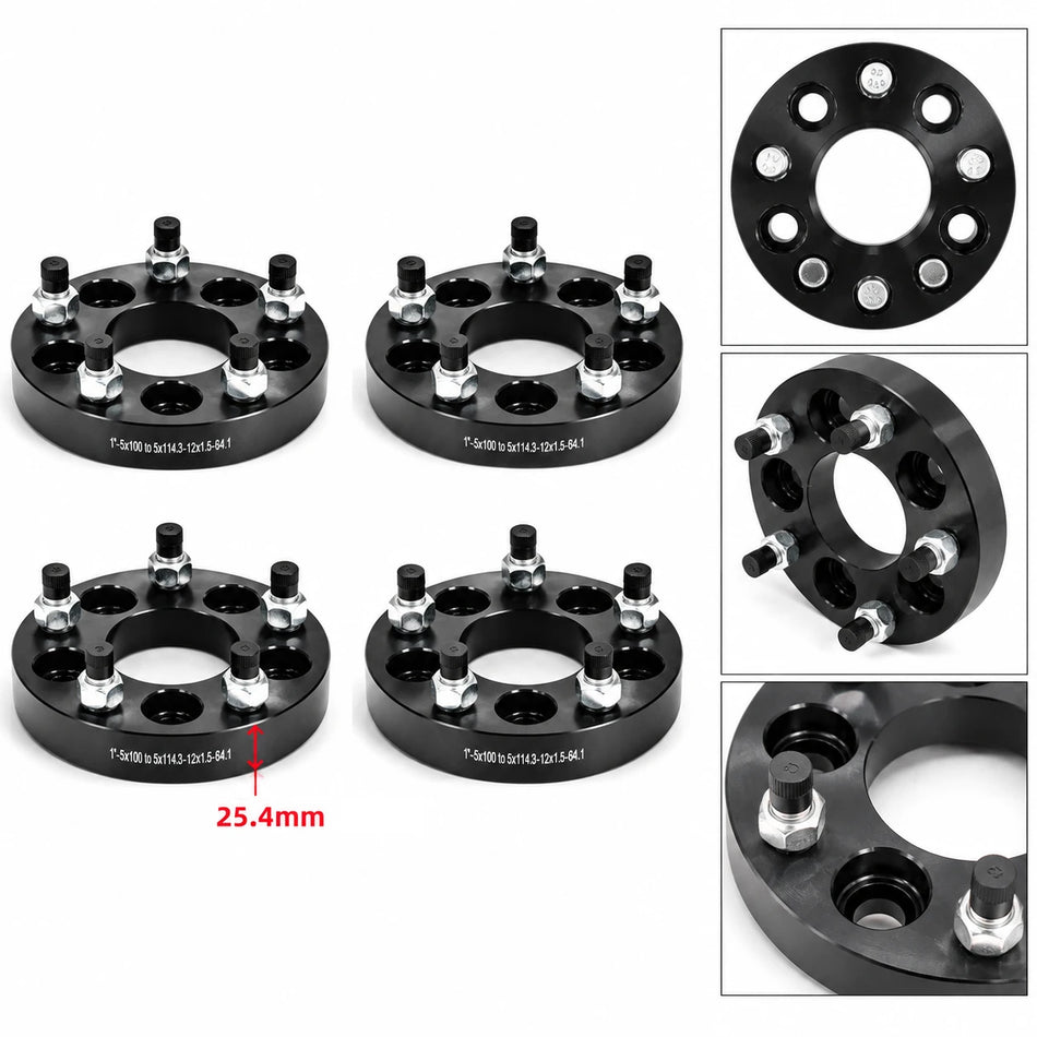 5x100 to 5x114.3 Wheel Adapters 1 Inch for Subaru Toyota Pontiac Chevy, M12x1.5 Studs, 64.1mm Hub Bore, Set of 4