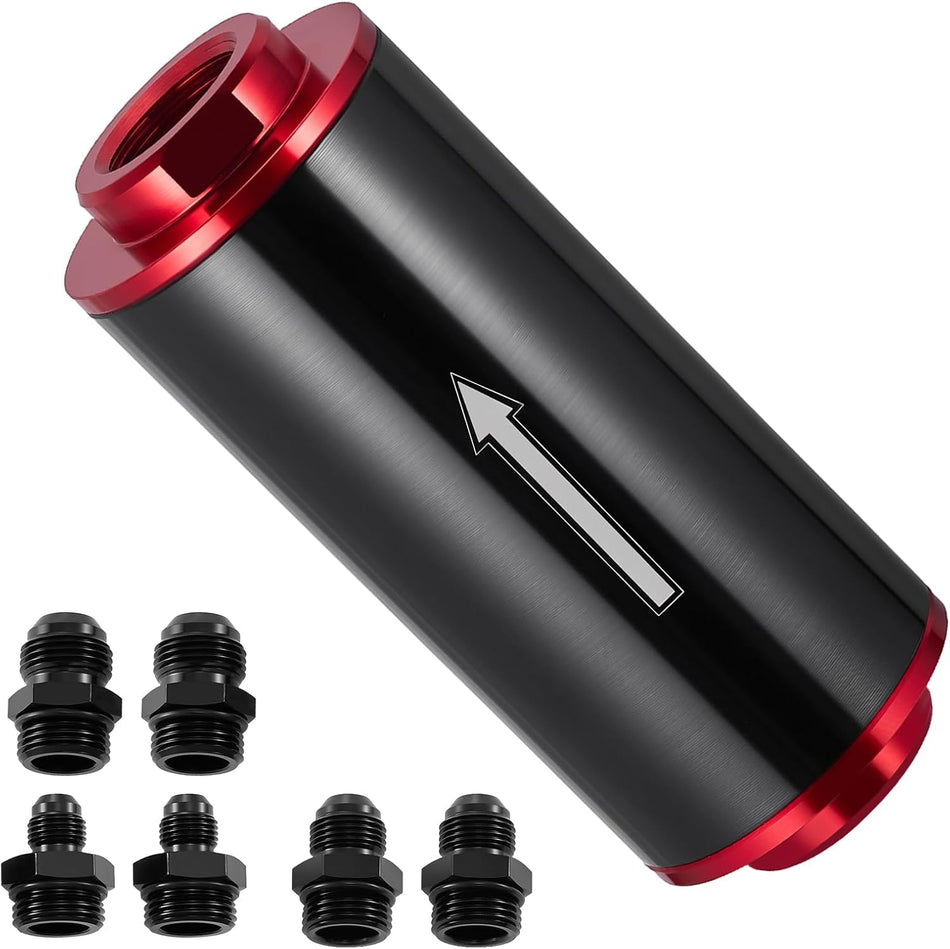 BDFHYK Inline Fuel Filter 100 Micron with 6AN 8AN 10AN Adapter Universal 50MM Aluminum for EFI Fuel System, LS Exchange Red