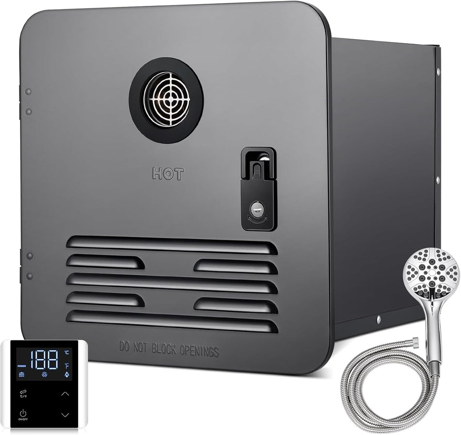 BDFHYK RV Tankless Water Heater, 65,000 BTU, DC 12V with 2M Power Cord Control Panel and External Shower head, 15 x 15" Black Door On Demand Instant Hot Water Heater for RV Camping CSA Certificate