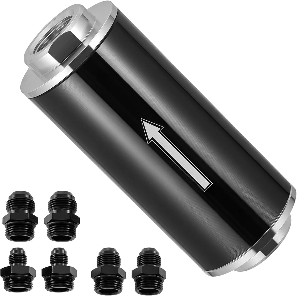 BDFHYK 100 Micron Inline Fuel Filter with 6AN 8AN 10AN Adapter, Universal 50MM Aluminum High Flow Fuel Filter for EFI, LS Engine, Diesel Silver