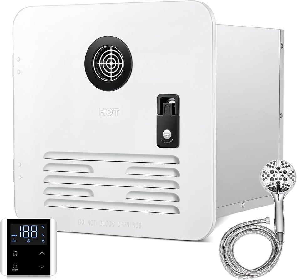 BDFHYK RV Tankless Water Heater, 65,000 BTU, DC 12V with 2M Power Cord Control Panel and External Shower head, 15 x 15" White Door On Demand Instant Hot Water Heater for RV Camping CSA Certificate