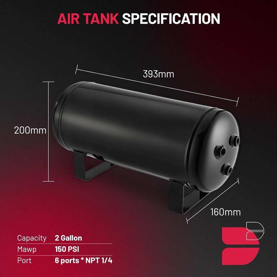 BDFHYK 2.0 Gallon Air Tank with Compressor,6 Ports with 1/4-Inch NPT Thread,150 PSI Rated for Air Suspension System,Air Brake System,Tire Inflation,and Truck & Train Horns